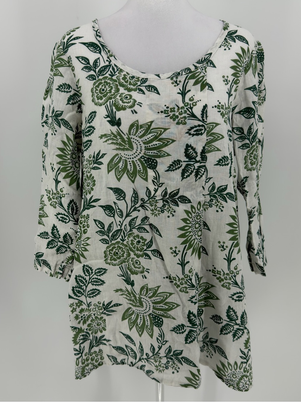 FLAX 100% Linen‎ Green Floral Tunic Top Small